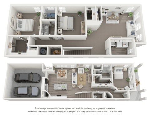 A 3D floor plan of a house with two bedrooms, a living room, a kitchen, a dining room, and a garage.
